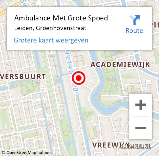 Locatie op kaart van de 112 melding: Ambulance Met Grote Spoed Naar Leiden, Groenhovenstraat op 16 februari 2024 20:56