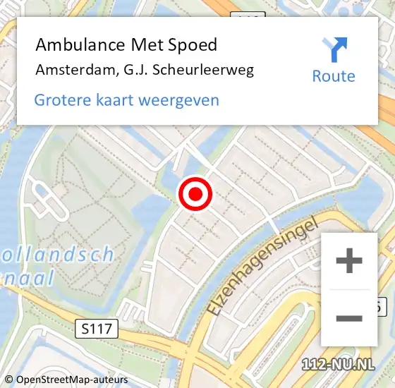 Locatie op kaart van de 112 melding: Ambulance Met Spoed Naar Amsterdam, G.J. Scheurleerweg op 16 februari 2024 22:15