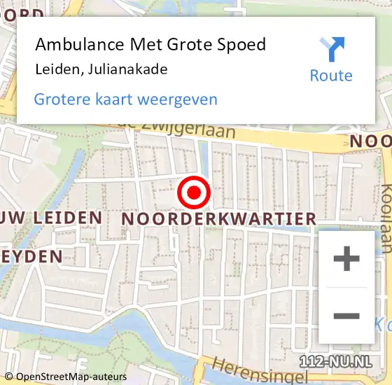 Locatie op kaart van de 112 melding: Ambulance Met Grote Spoed Naar Leiden, Julianakade op 17 februari 2024 00:05