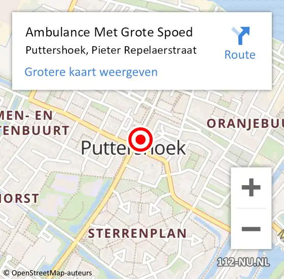 Locatie op kaart van de 112 melding: Ambulance Met Grote Spoed Naar Puttershoek, Pieter Repelaerstraat op 17 februari 2024 07:41