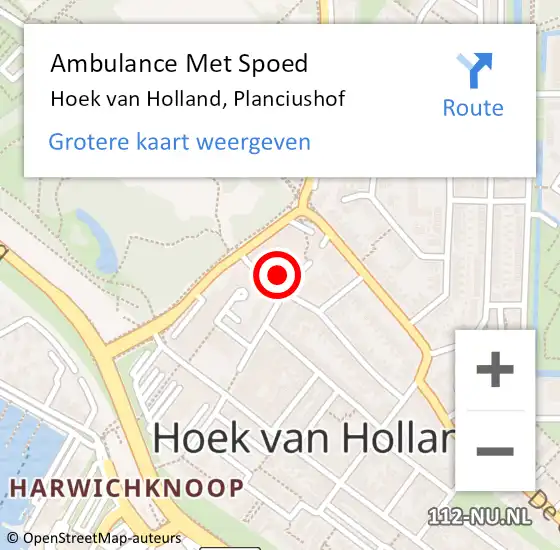 Locatie op kaart van de 112 melding: Ambulance Met Spoed Naar Hoek van Holland, Planciushof op 17 februari 2024 08:38