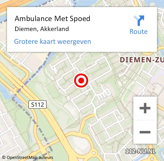 Locatie op kaart van de 112 melding: Ambulance Met Spoed Naar Diemen, Akkerland op 17 februari 2024 09:56