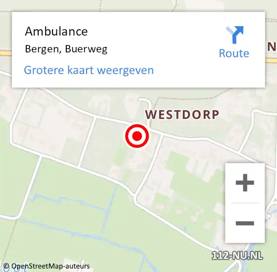 Locatie op kaart van de 112 melding: Ambulance Bergen, Buerweg op 17 februari 2024 10:05