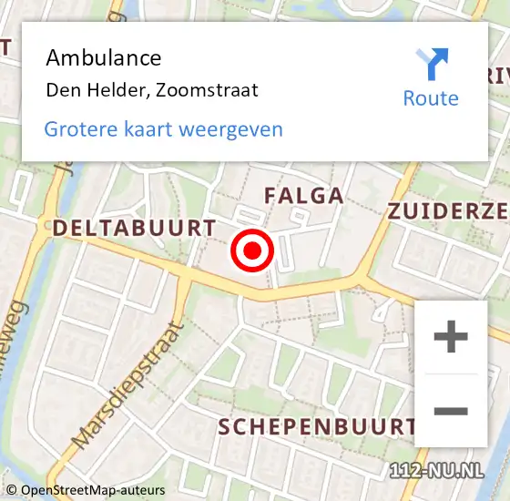 Locatie op kaart van de 112 melding: Ambulance Den Helder, Zoomstraat op 17 februari 2024 10:13