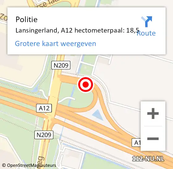 Locatie op kaart van de 112 melding: Politie Lansingerland, A12 hectometerpaal: 18,5 op 17 februari 2024 13:02