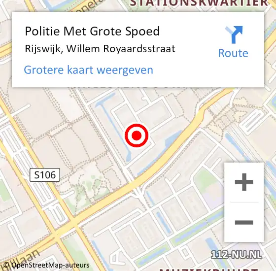 Locatie op kaart van de 112 melding: Politie Met Grote Spoed Naar Rijswijk, Willem Royaardsstraat op 17 februari 2024 13:47
