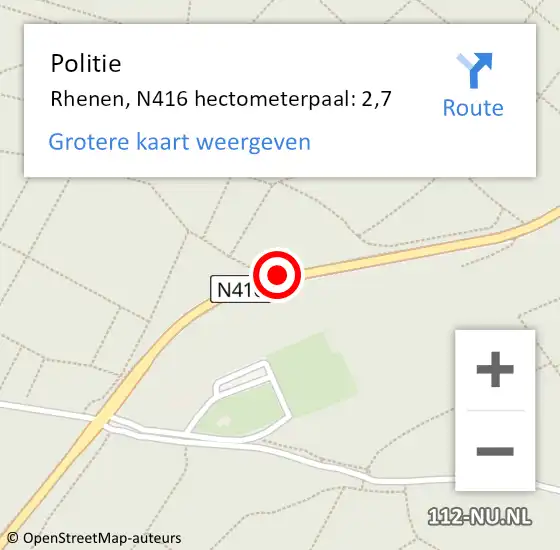 Locatie op kaart van de 112 melding: Politie Rhenen, N416 hectometerpaal: 2,7 op 17 februari 2024 13:50