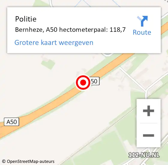 Locatie op kaart van de 112 melding: Politie Bernheze, A50 hectometerpaal: 118,7 op 17 februari 2024 14:57