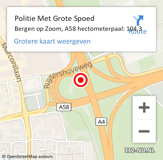 Locatie op kaart van de 112 melding: Politie Met Grote Spoed Naar Bergen op Zoom, A58 hectometerpaal: 104,3 op 17 februari 2024 17:34
