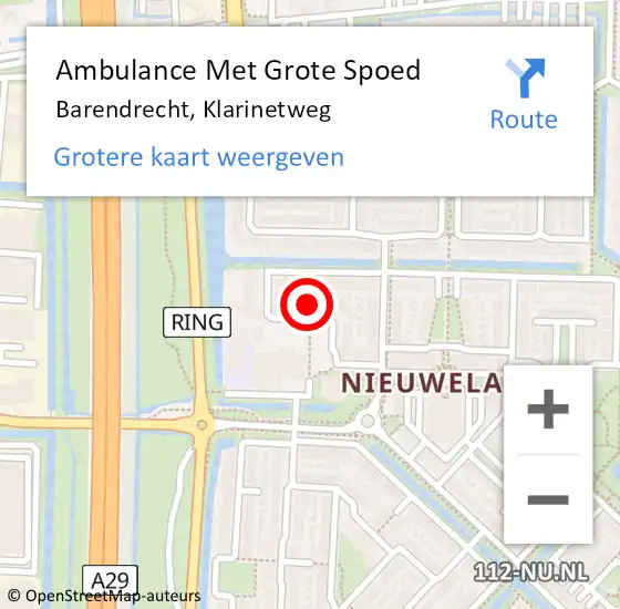 Locatie op kaart van de 112 melding: Ambulance Met Grote Spoed Naar Barendrecht, Klarinetweg op 17 februari 2024 18:03