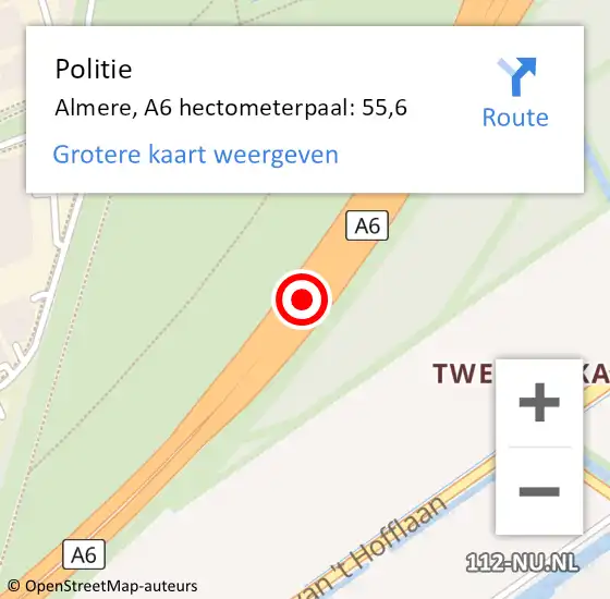 Locatie op kaart van de 112 melding: Politie Almere, A6 hectometerpaal: 55,6 op 17 februari 2024 21:59