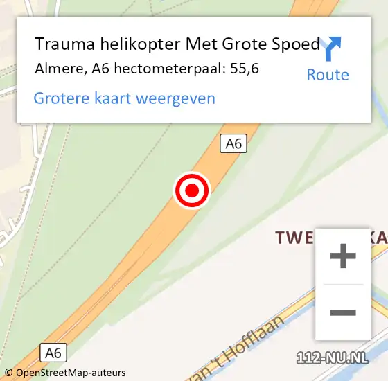 Locatie op kaart van de 112 melding: Trauma helikopter Met Grote Spoed Naar Almere, A6 hectometerpaal: 55,6 op 17 februari 2024 22:00