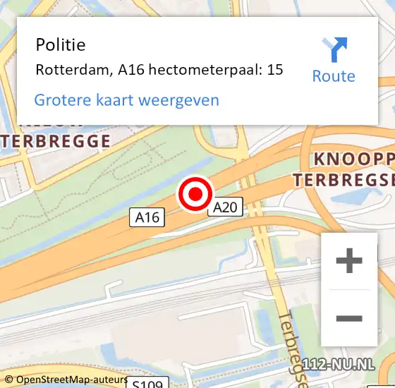 Locatie op kaart van de 112 melding: Politie Rotterdam, A16 hectometerpaal: 15 op 17 februari 2024 23:59