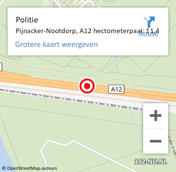 Locatie op kaart van de 112 melding: Politie Pijnacker-Nootdorp, A12 hectometerpaal: 11,4 op 18 februari 2024 07:32