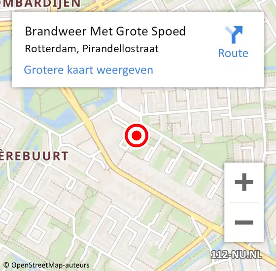 Locatie op kaart van de 112 melding: Brandweer Met Grote Spoed Naar Rotterdam, Pirandellostraat op 18 februari 2024 09:38