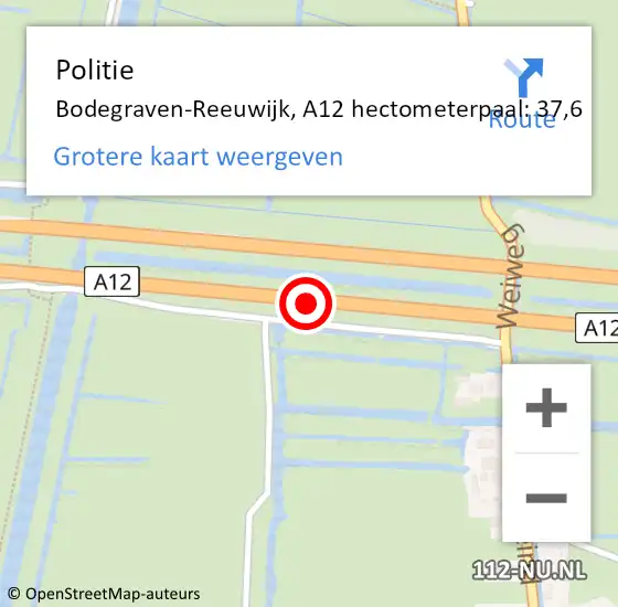 Locatie op kaart van de 112 melding: Politie Bodegraven-Reeuwijk, A12 hectometerpaal: 37,6 op 18 februari 2024 14:08
