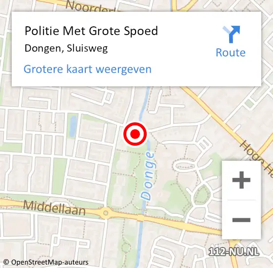 Locatie op kaart van de 112 melding: Politie Met Grote Spoed Naar Dongen, Sluisweg op 18 februari 2024 14:26