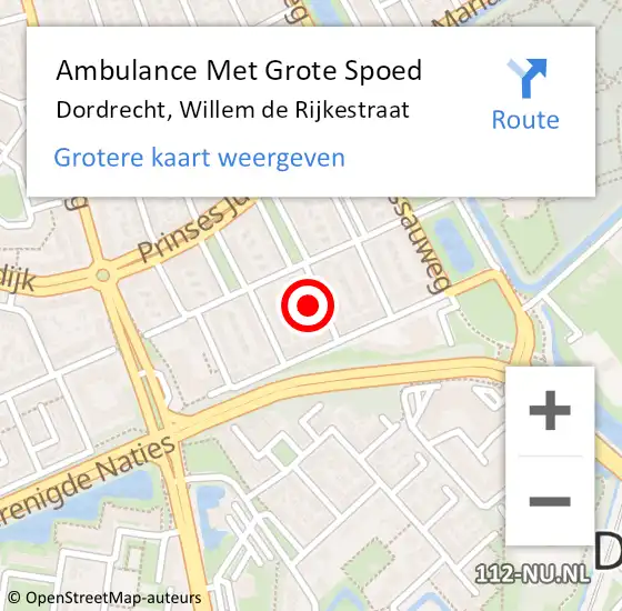Locatie op kaart van de 112 melding: Ambulance Met Grote Spoed Naar Dordrecht, Willem de Rijkestraat op 18 februari 2024 17:27