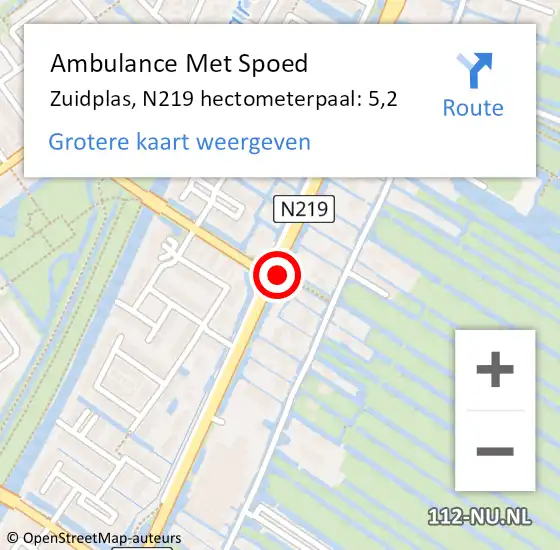 Locatie op kaart van de 112 melding: Ambulance Met Spoed Naar Zuidplas, N219 hectometerpaal: 5,2 op 18 februari 2024 17:37