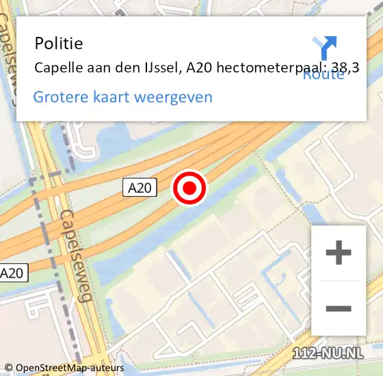 Locatie op kaart van de 112 melding: Politie Capelle aan den IJssel, A20 hectometerpaal: 38,3 op 18 februari 2024 19:51