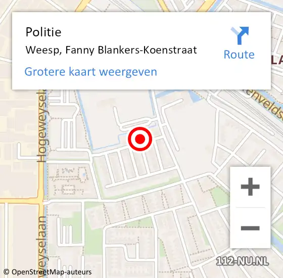 Locatie op kaart van de 112 melding: Politie Weesp, Fanny Blankers-Koenstraat op 18 februari 2024 20:38