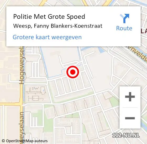 Locatie op kaart van de 112 melding: Politie Met Grote Spoed Naar Weesp, Fanny Blankers-Koenstraat op 18 februari 2024 20:38