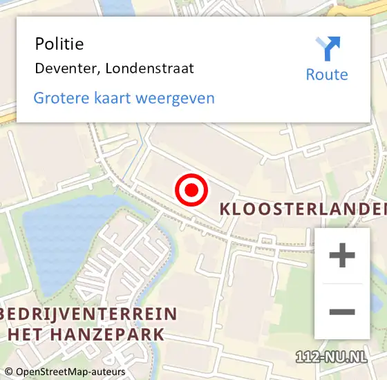 Locatie op kaart van de 112 melding: Politie Deventer, Londenstraat op 18 februari 2024 20:59