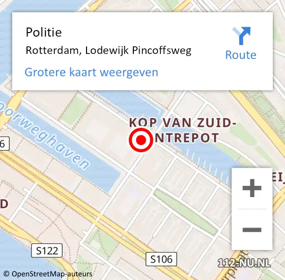 Locatie op kaart van de 112 melding: Politie Rotterdam, Lodewijk Pincoffsweg op 18 februari 2024 22:32