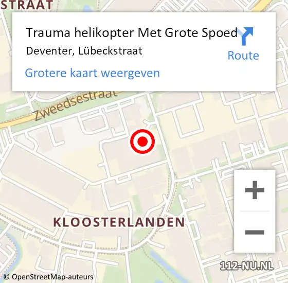 Locatie op kaart van de 112 melding: Trauma helikopter Met Grote Spoed Naar Deventer, Lübeckstraat op 19 februari 2024 01:31