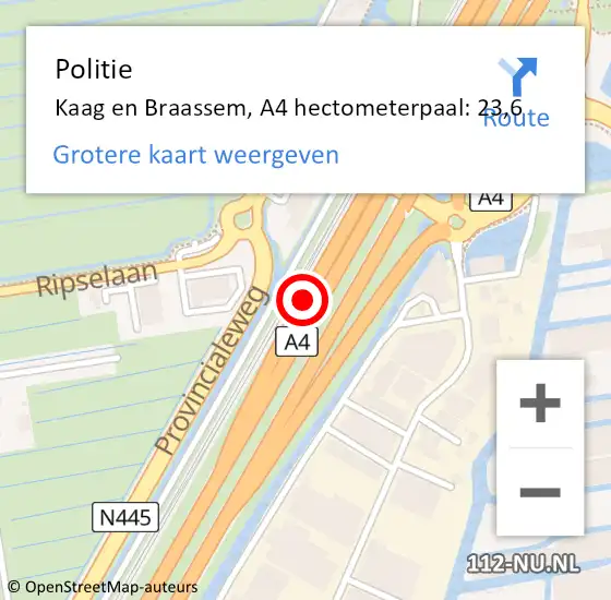 Locatie op kaart van de 112 melding: Politie Kaag en Braassem, A4 hectometerpaal: 23,6 op 19 februari 2024 06:46