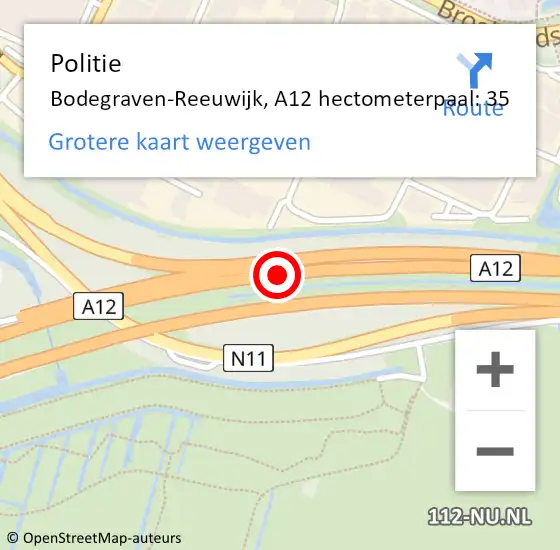 Locatie op kaart van de 112 melding: Politie Bodegraven-Reeuwijk, A12 hectometerpaal: 35 op 19 februari 2024 07:37