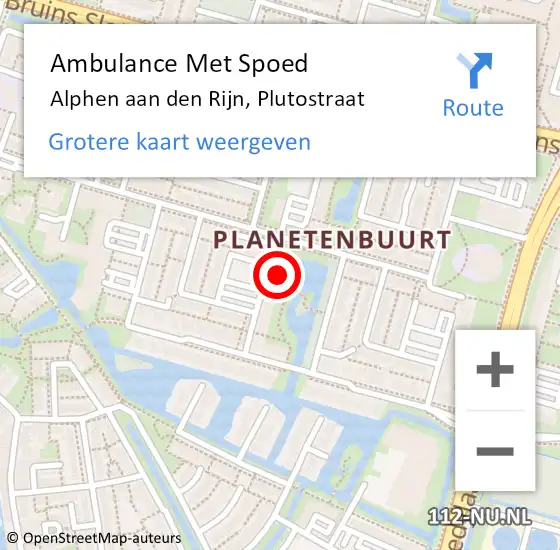 Locatie op kaart van de 112 melding: Ambulance Met Spoed Naar Alphen aan den Rijn, Plutostraat op 19 februari 2024 10:01