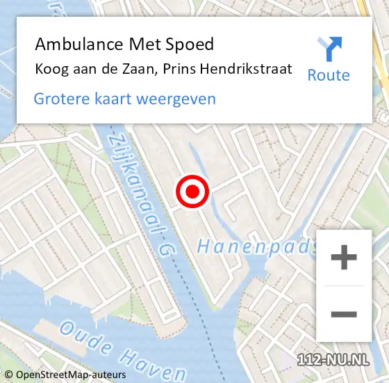 Locatie op kaart van de 112 melding: Ambulance Met Spoed Naar Koog aan de Zaan, Prins Hendrikstraat op 19 februari 2024 10:36