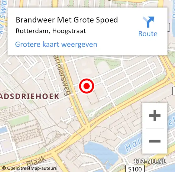 Locatie op kaart van de 112 melding: Brandweer Met Grote Spoed Naar Rotterdam, Hoogstraat op 19 februari 2024 11:07