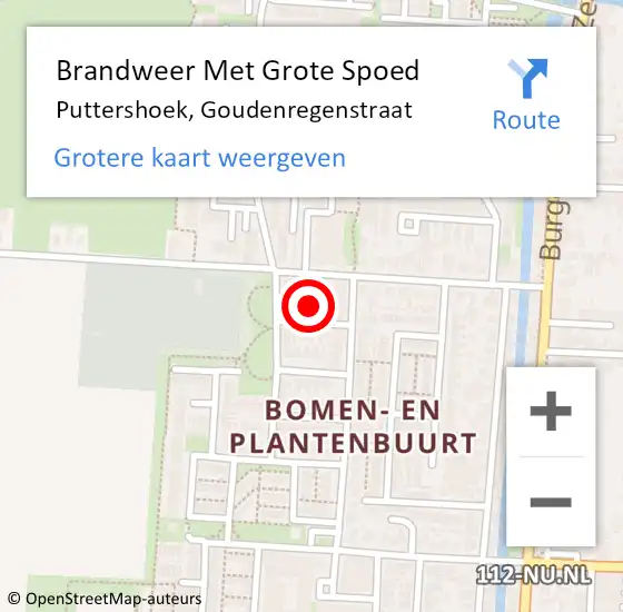 Locatie op kaart van de 112 melding: Brandweer Met Grote Spoed Naar Puttershoek, Goudenregenstraat op 19 februari 2024 15:00