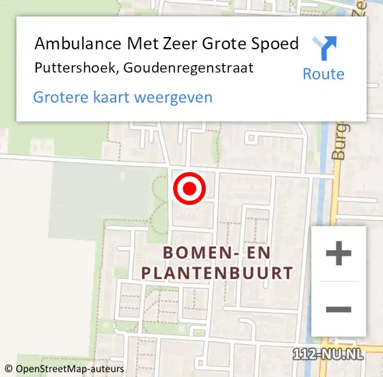 Locatie op kaart van de 112 melding: Ambulance Met Zeer Grote Spoed Naar Puttershoek, Goudenregenstraat op 19 februari 2024 15:02