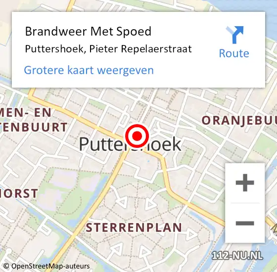 Locatie op kaart van de 112 melding: Brandweer Met Spoed Naar Puttershoek, Pieter Repelaerstraat op 19 februari 2024 15:10