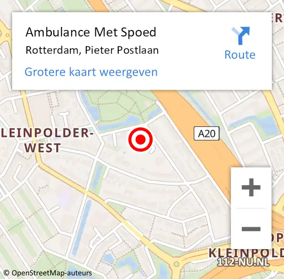 Locatie op kaart van de 112 melding: Ambulance Met Spoed Naar Rotterdam, Pieter Postlaan op 19 februari 2024 15:44