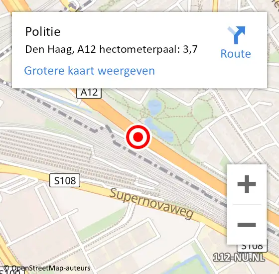 Locatie op kaart van de 112 melding: Politie Den Haag, A12 hectometerpaal: 3,7 op 19 februari 2024 16:05