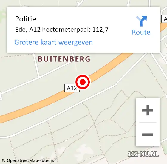 Locatie op kaart van de 112 melding: Politie Ede, A12 hectometerpaal: 112,7 op 19 februari 2024 16:12