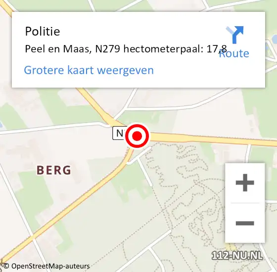 Locatie op kaart van de 112 melding: Politie Peel en Maas, N279 hectometerpaal: 17,8 op 19 februari 2024 18:43