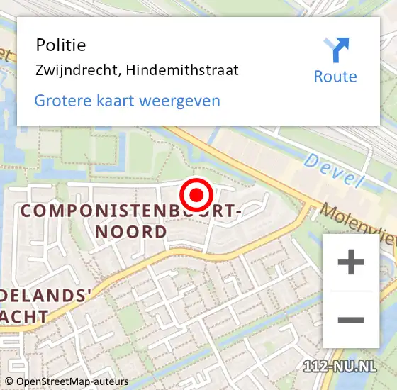 Locatie op kaart van de 112 melding: Politie Zwijndrecht, Hindemithstraat op 20 februari 2024 00:27