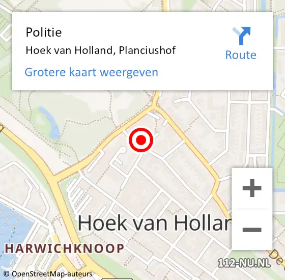 Locatie op kaart van de 112 melding: Politie Hoek van Holland, Planciushof op 20 februari 2024 08:16