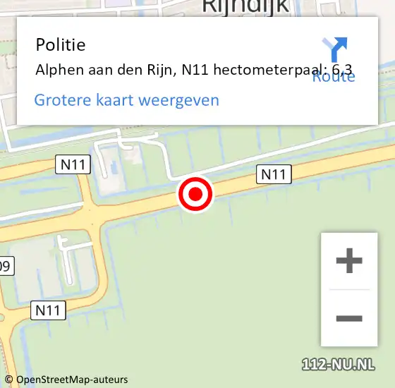 Locatie op kaart van de 112 melding: Politie Alphen aan den Rijn, N11 hectometerpaal: 6,3 op 20 februari 2024 08:53