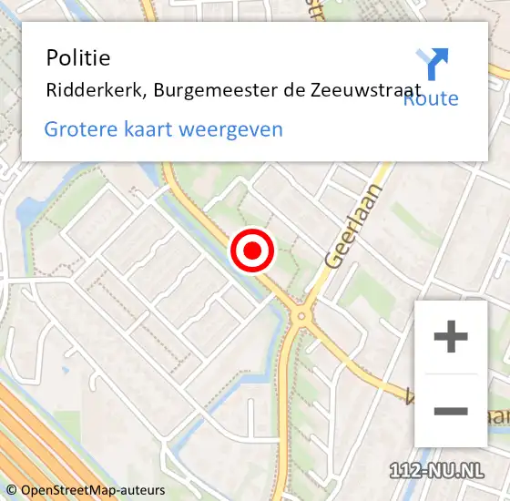 Locatie op kaart van de 112 melding: Politie Ridderkerk, Burgemeester de Zeeuwstraat op 20 februari 2024 09:44