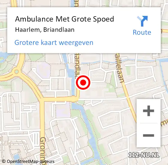 Locatie op kaart van de 112 melding: Ambulance Met Grote Spoed Naar Haarlem, Briandlaan op 20 februari 2024 11:18