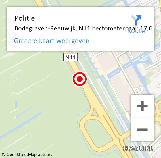 Locatie op kaart van de 112 melding: Politie Bodegraven-Reeuwijk, N11 hectometerpaal: 17,6 op 20 februari 2024 15:07