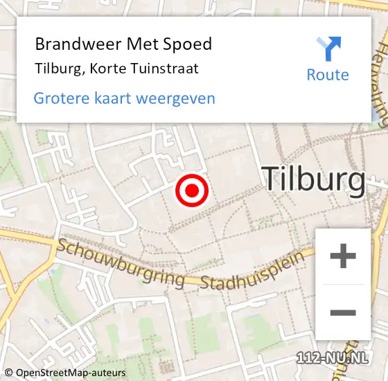 Locatie op kaart van de 112 melding: Brandweer Met Spoed Naar Tilburg, Korte Tuinstraat op 20 februari 2024 15:19