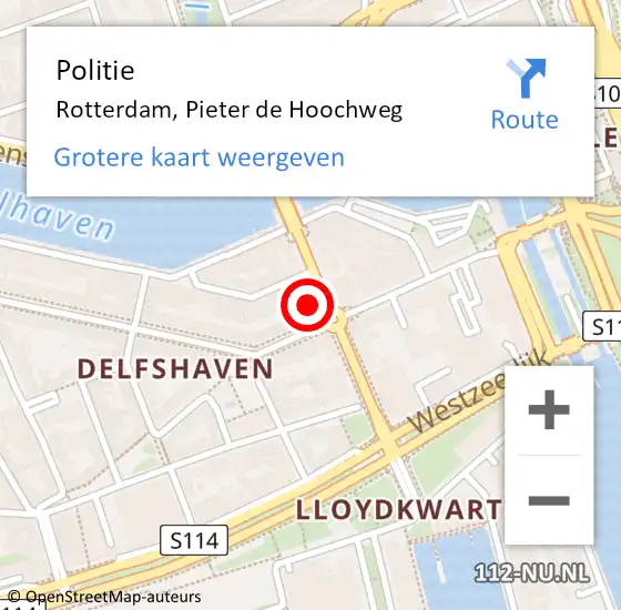 Locatie op kaart van de 112 melding: Politie Rotterdam, Pieter de Hoochweg op 20 februari 2024 17:37