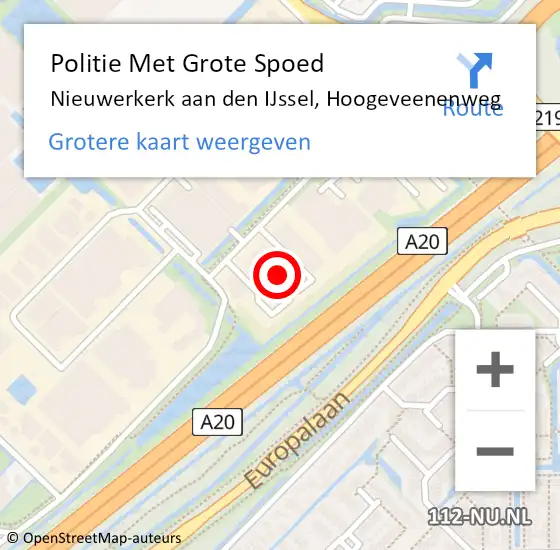 Locatie op kaart van de 112 melding: Politie Met Grote Spoed Naar Nieuwerkerk aan den IJssel, Hoogeveenenweg op 20 februari 2024 18:19